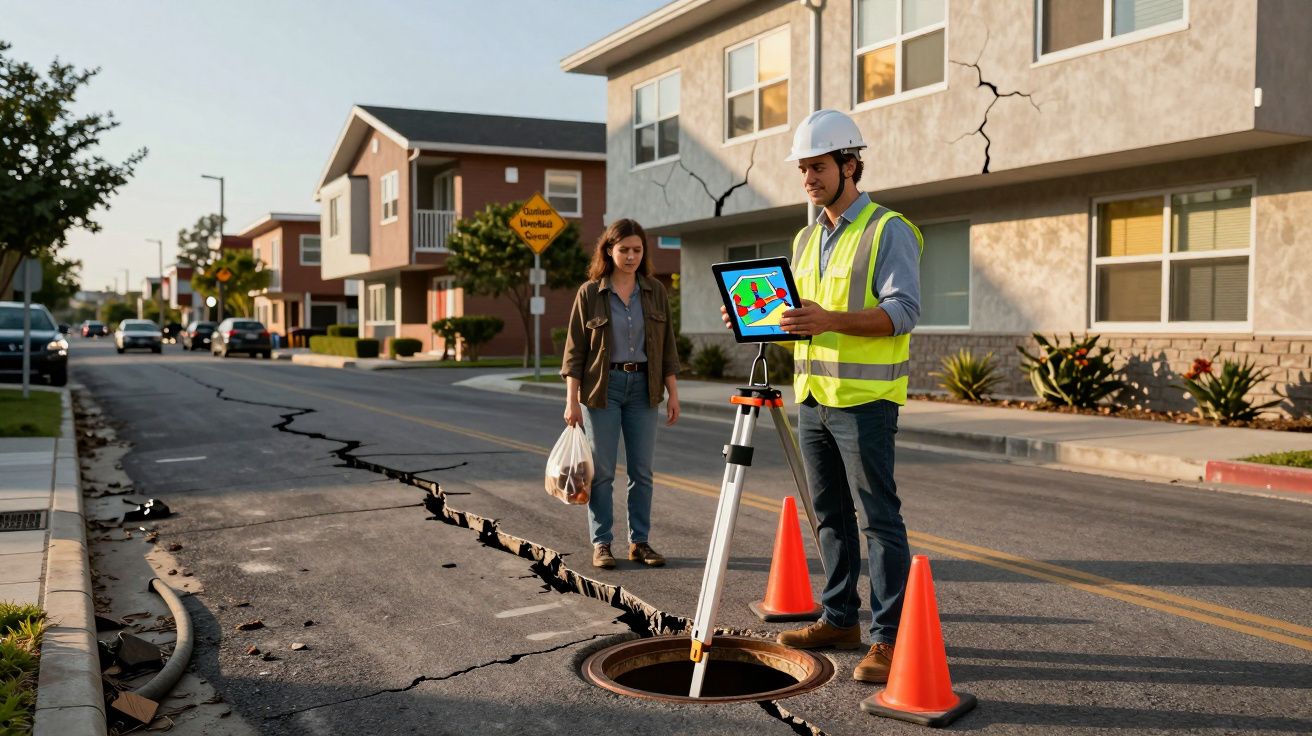 Engenheiro com colete e capacete analisa danos com grandes fendas no asfalto, mulher observa ao fundo.