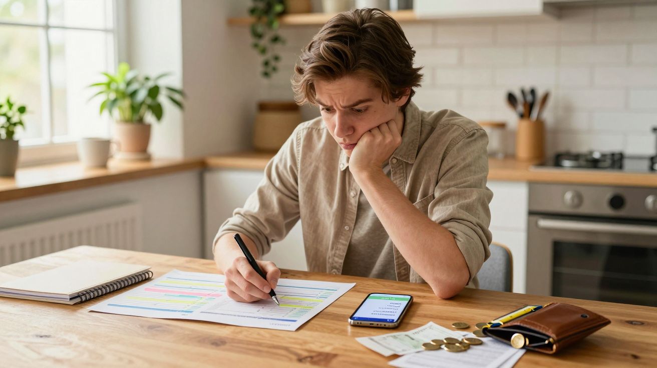 Jovem preocupado analisa documentos e faz contas na cozinha, com telemóvel, moedas e carteira na mesa.