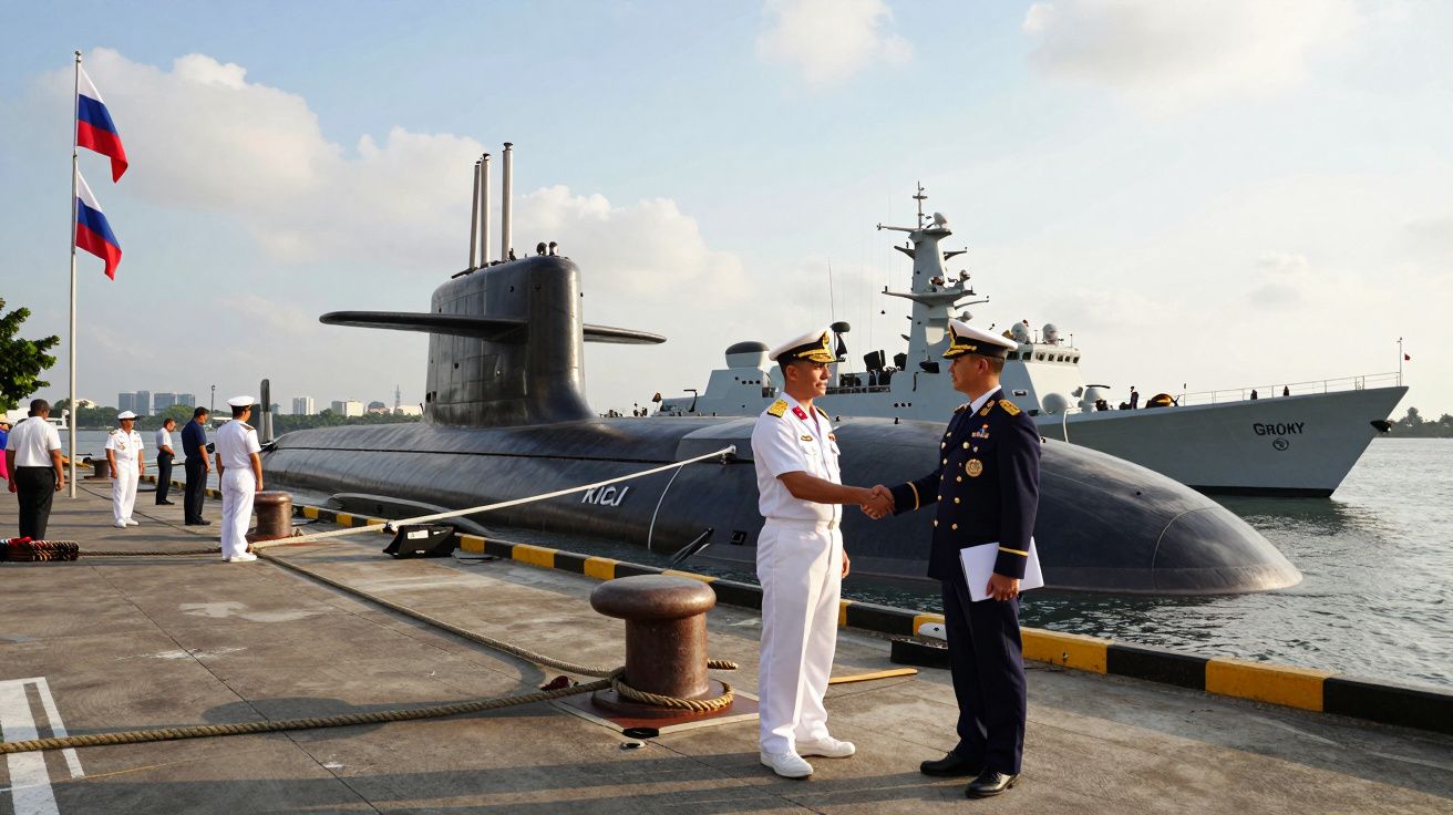 Oficiais militares apertam as mãos no porto junto a um submarino e um navio, com bandeira russa ao fundo.