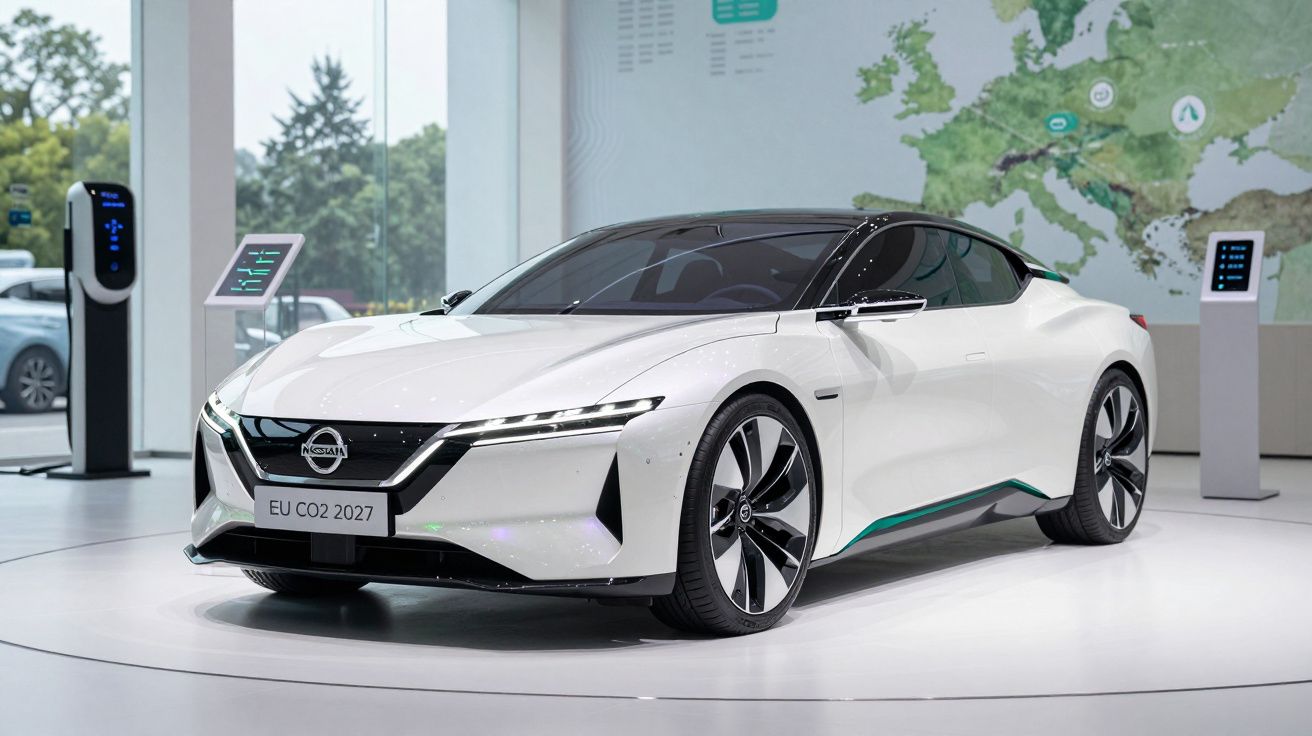 Carro elétrico branco Nissan exibido em showroom moderno com carregadores e mapa da Europa ao fundo.