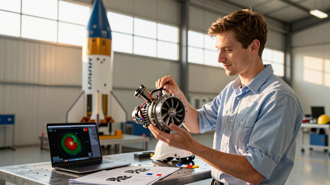Engenheiro a analisar componente de turbina perto de computador com dados de engenharia num laboratório de inovação.