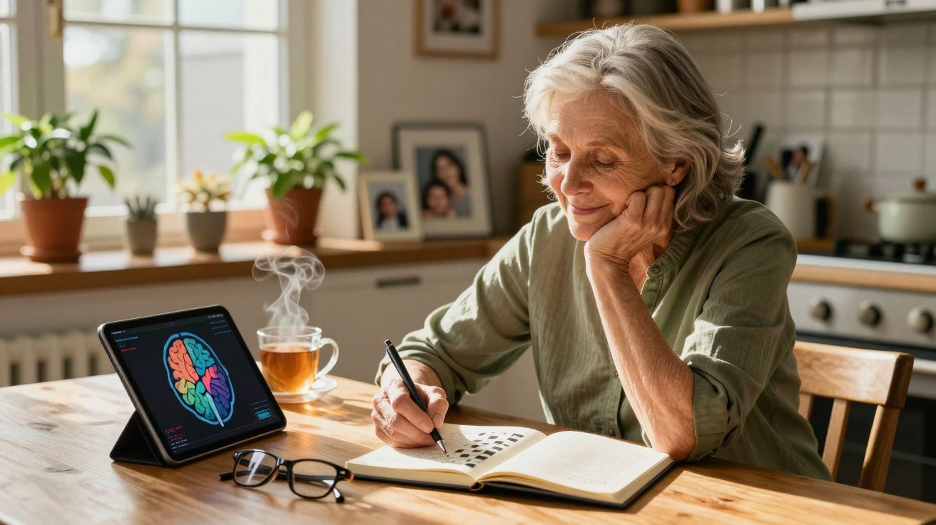 Mulher idosa a fazer palavras cruzadas na cozinha com tablet e chá ao lado numa mesa de madeira.