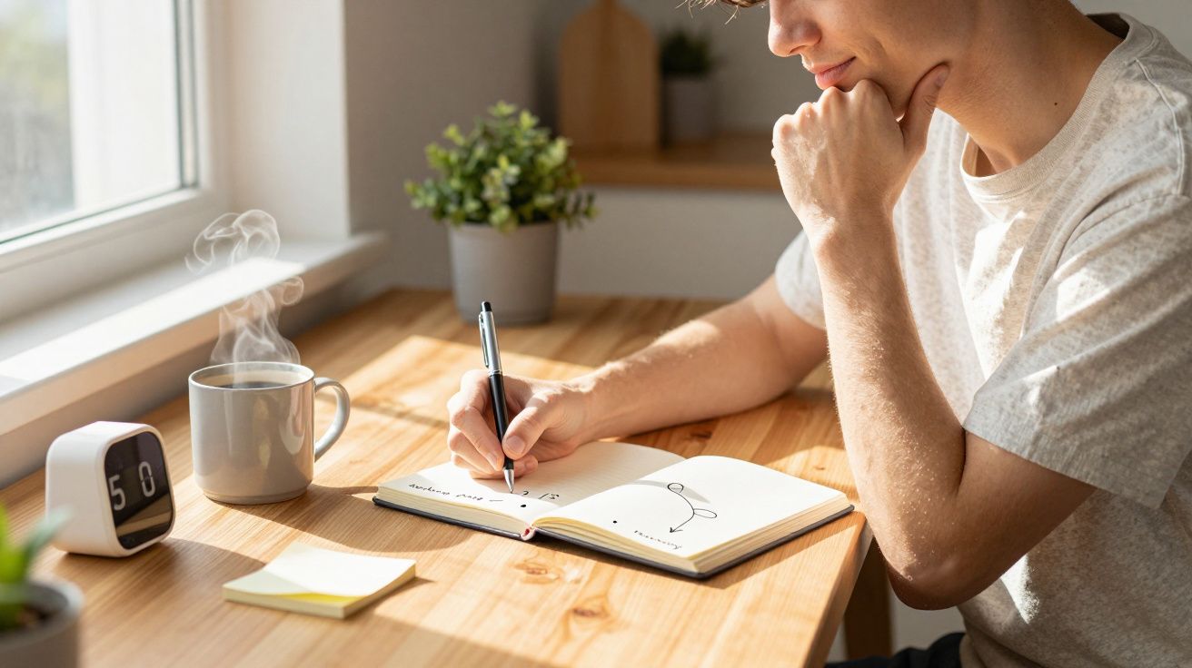 Pessoa a escrever num caderno numa mesa de madeira junto a uma janela com café quente e relógio digital.