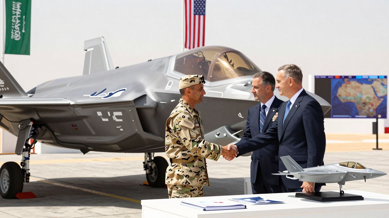 Três homens, um militar e dois civis, apertam as mãos diante de um caça F-35 e bandeiras da Arábia Saudita e EUA.