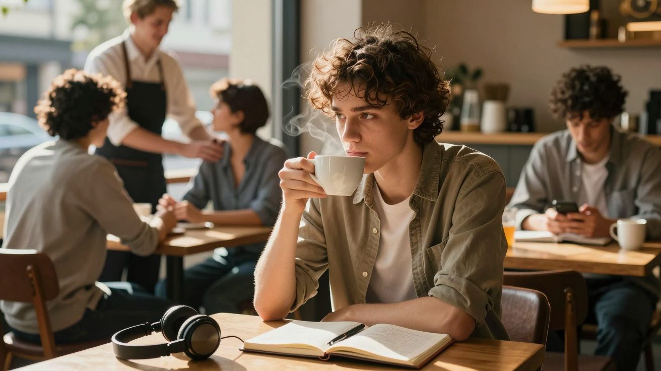 Jovem sentado numa mesa de café, a beber chá, com livro aberto e auscultadores num ambiente acolhedor.