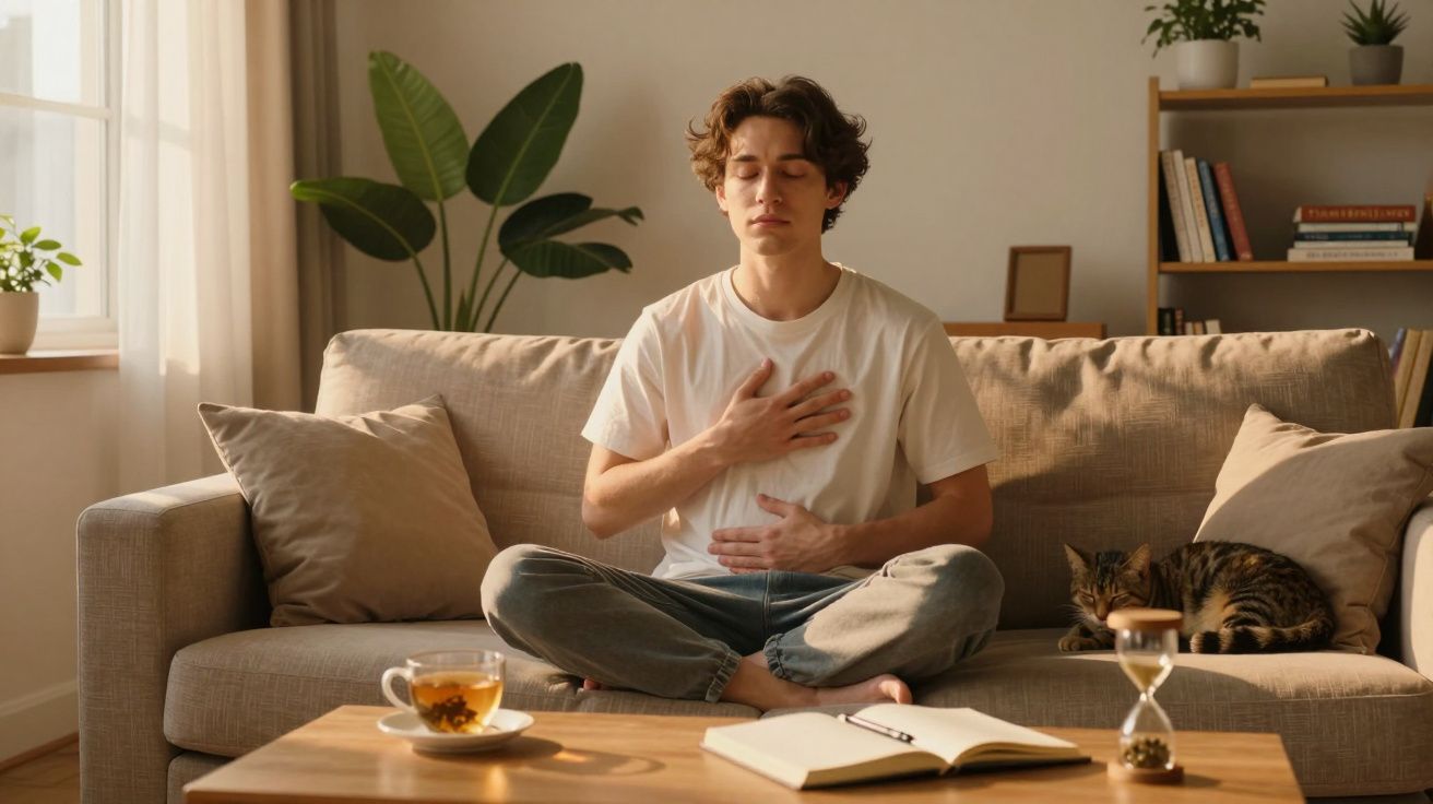 Homem medita sentado na sofá com gato dormindo ao lado e chá sobre a mesa de madeira em sala iluminada.
