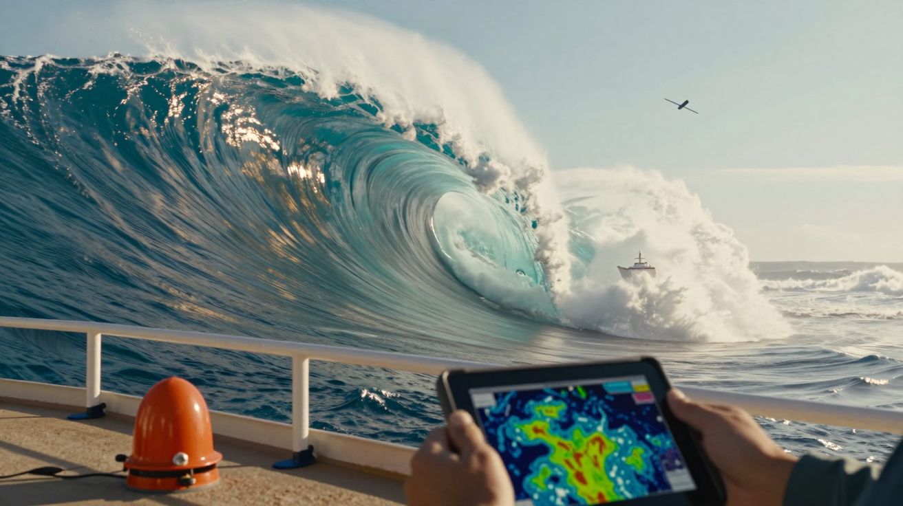 Pessoa a usar tablet com radar meteorológico à frente de onda gigante no mar e barco ao longe.