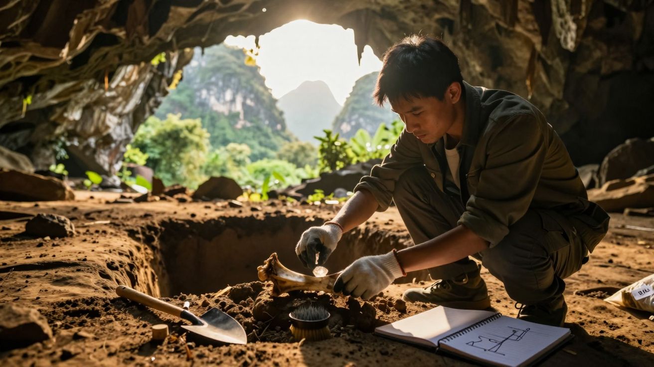 Arqueólogo escavando e limpando ossos fósseis numa caverna, com caderno aberto ao lado e paisagem montanhosa ao fundo.