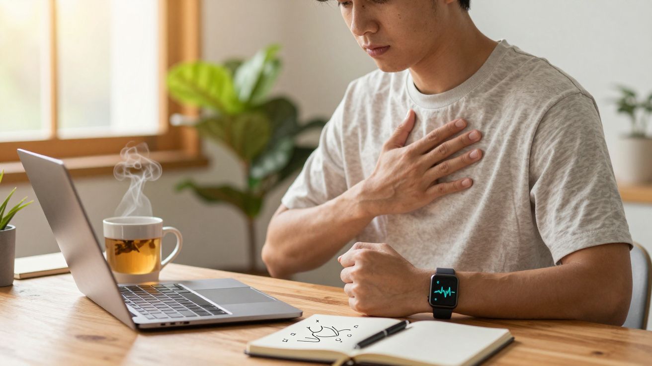 Homem sentado com laptop, caneca de chá e caderno, tocando o peito com expressão de desconforto.