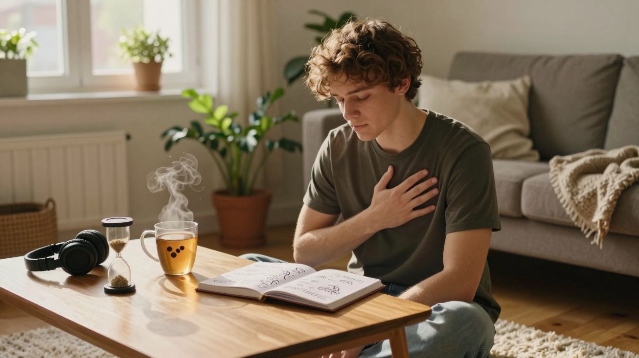 Jovem sentado no chão junto a uma mesa de madeira, a ler um livro e segurando o peito.