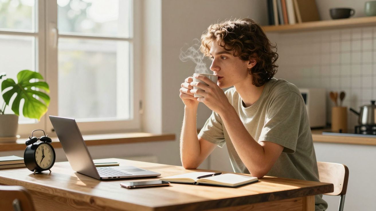 Jovem sentado à mesa da cozinha a beber uma bebida quente enquanto olha para um computador portátil.