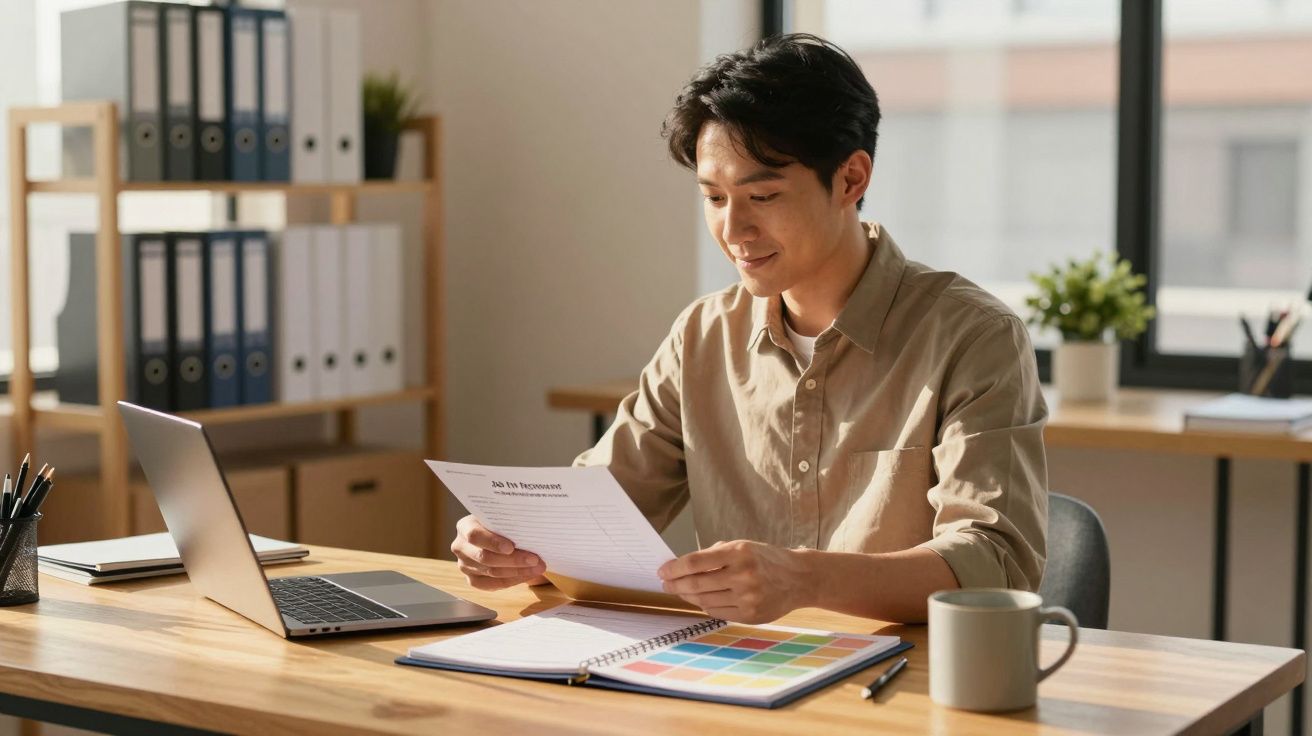Homem a sorrir a analisar documentos no escritório com computador portátil e agenda colorida na secretária.