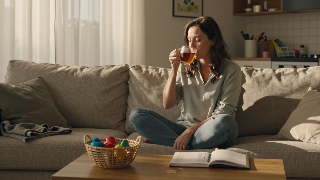 Mulher sentada no sofá a beber chá, com cesto de ovos coloridos e livro na mesa à sua frente.