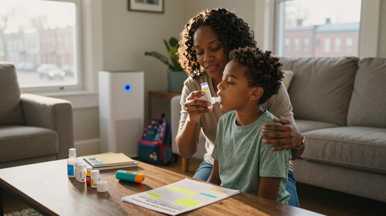 Mãe ajuda filho a usar inalador para asma numa sala de estar com medicamentos sobre a mesa.