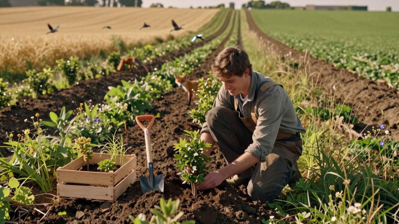 Jovem agricultor a plantar uma muda num campo cultivado com pá e caixa de madeira ao lado.