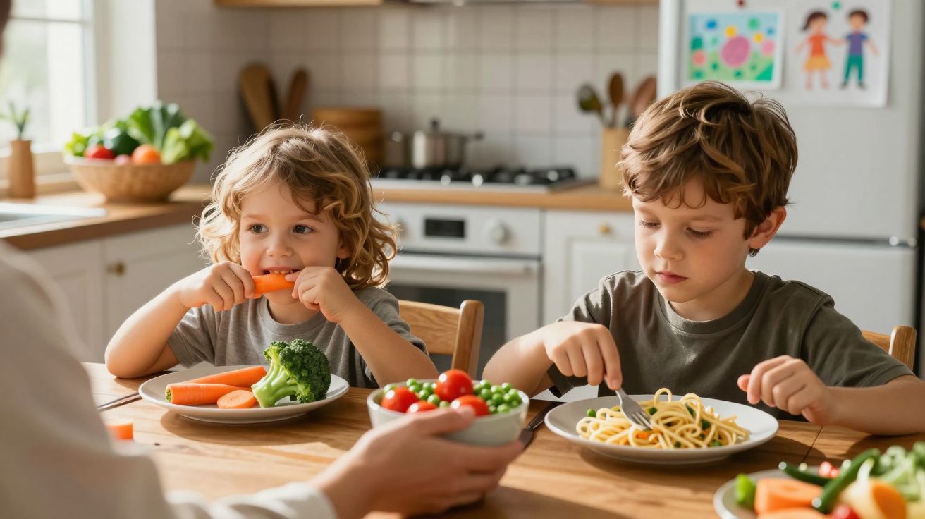 Crianças sentadas à mesa, uma a comer cenoura e brócolo, outra a comer esparguete, com taça de legumes à frente.