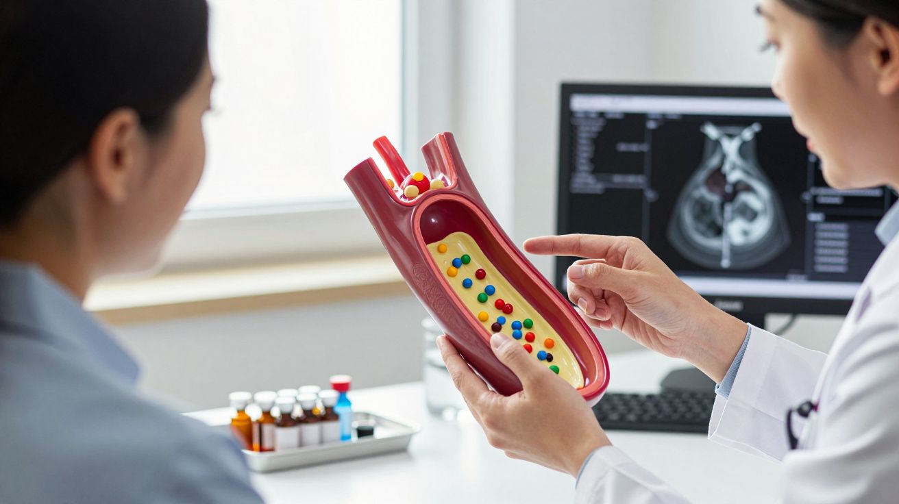 Médico explica modelo de artéria com placas de gordura a paciente numa consulta clínica.