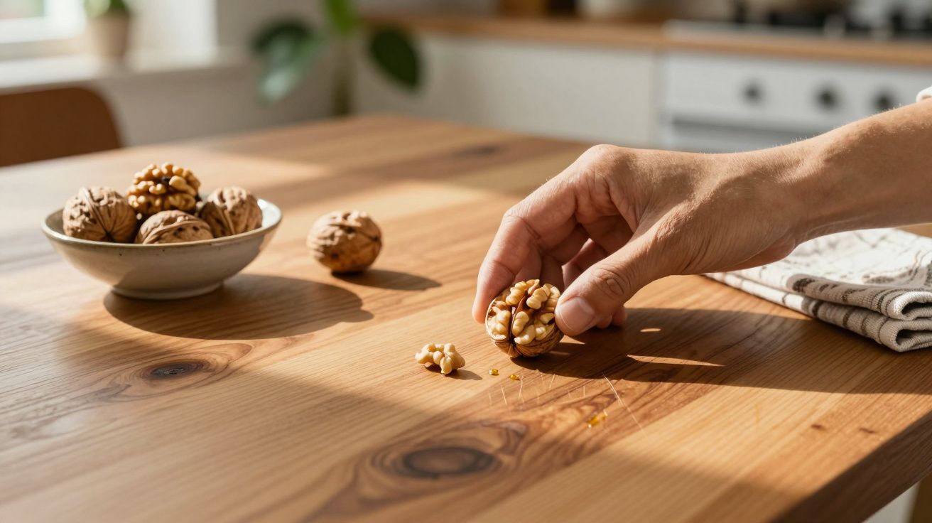 Mão a abrir uma noz sobre uma mesa de madeira, com uma tigela de nozes ao fundo iluminada pela luz natural.