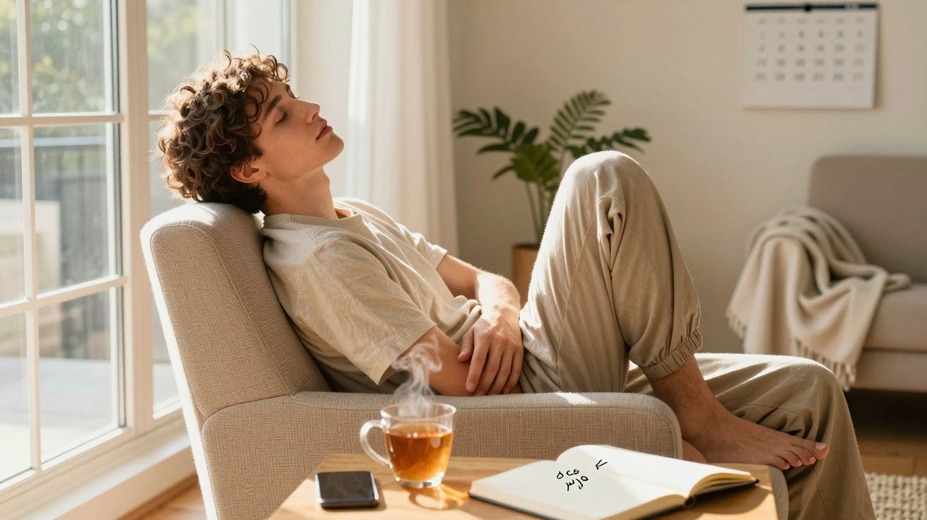 Jovem relaxa numa poltrona junto a uma janela, com chá quente, telemóvel e caderno numa mesa baixa.