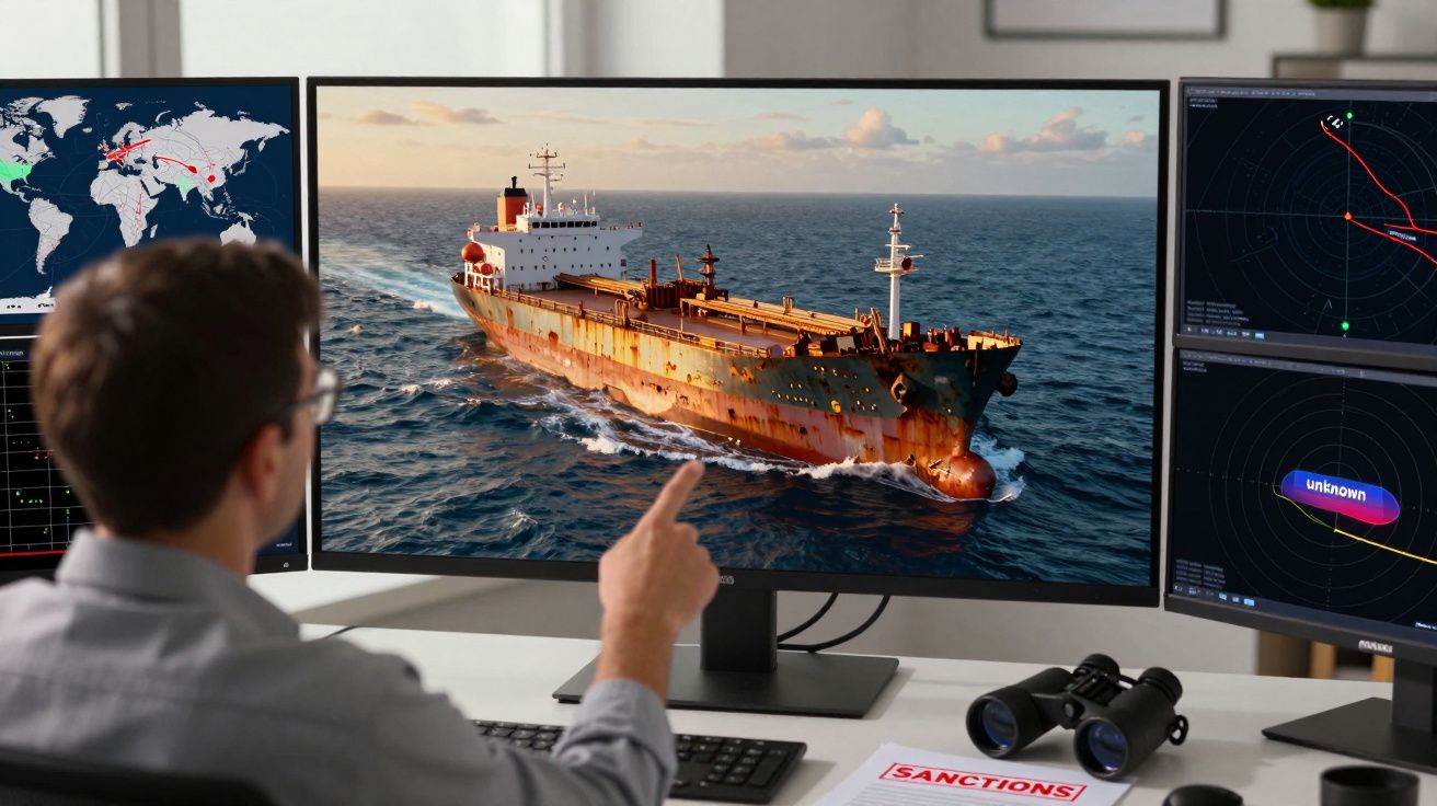 Homem a monitorizar um navio de carga em monitores de computador numa sala de controlo marítimo.