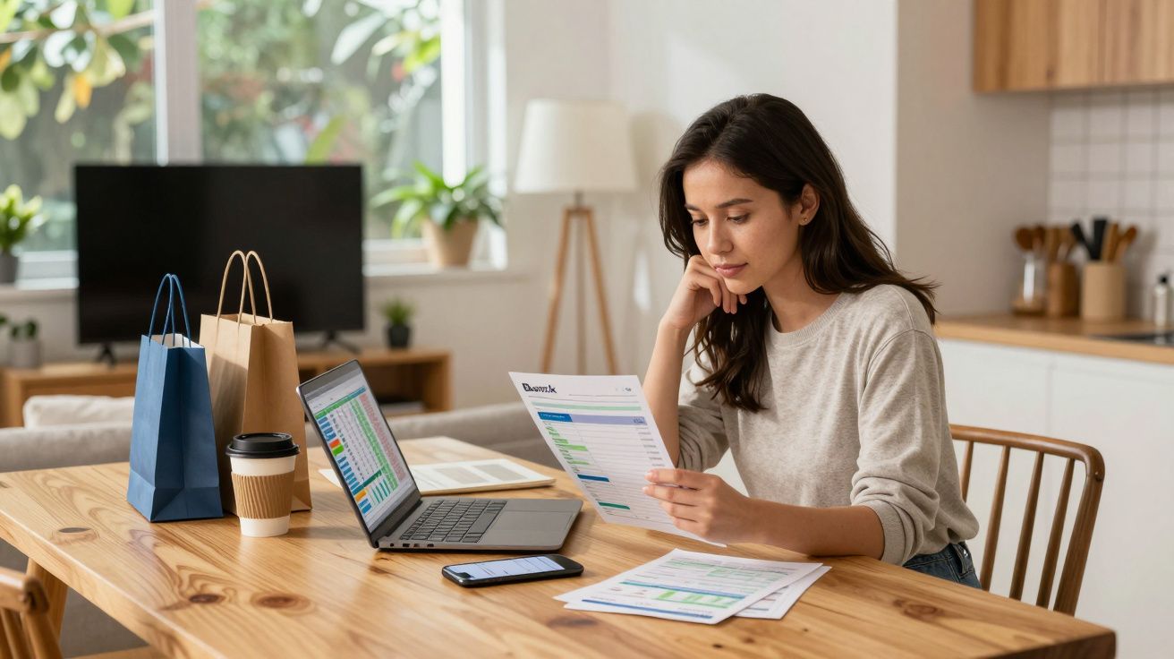 Mulher sentada a analisar faturas e a usar laptop numa mesa de madeira numa sala luminosa.