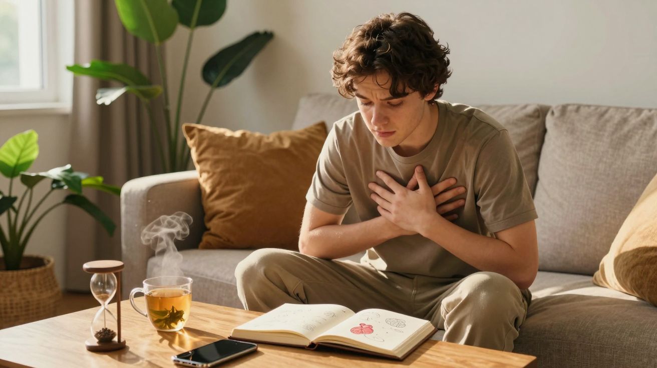 Jovem sentado no sofá com as mãos no peito a olhar um caderno com desenhos de coração, ao lado chá quente e telefone.