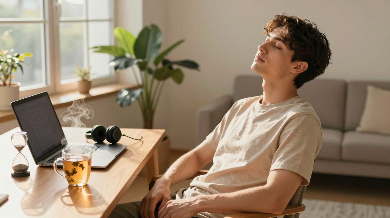 Jovem sentado com os olhos fechados a relaxar junto a uma mesa com computador portátil, chá e ampulheta num ambiente luminoso