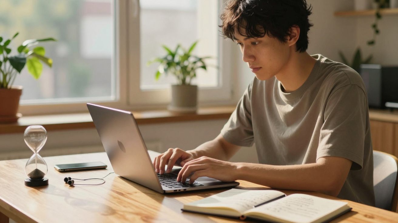 Homem jovem a trabalhar num computador portátil numa mesa de madeira com livro aberto e ampulheta.