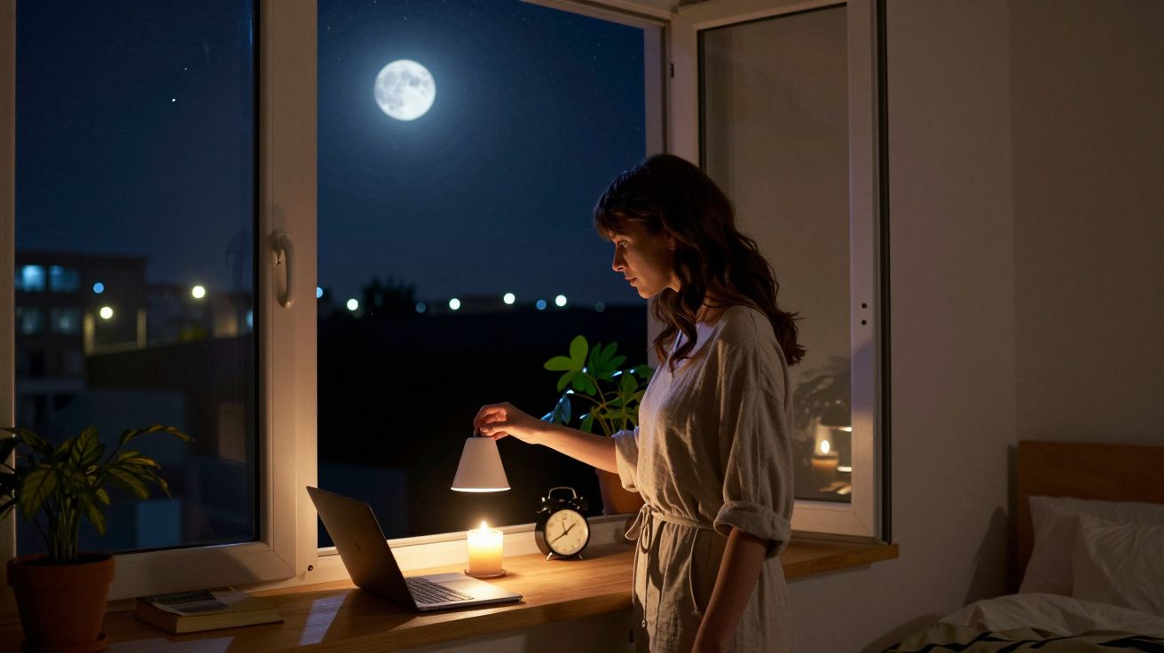 Mulher em pé junto a janela à noite a acender uma lâmpada, com laptop e vela numa mesa, lua cheia visível.