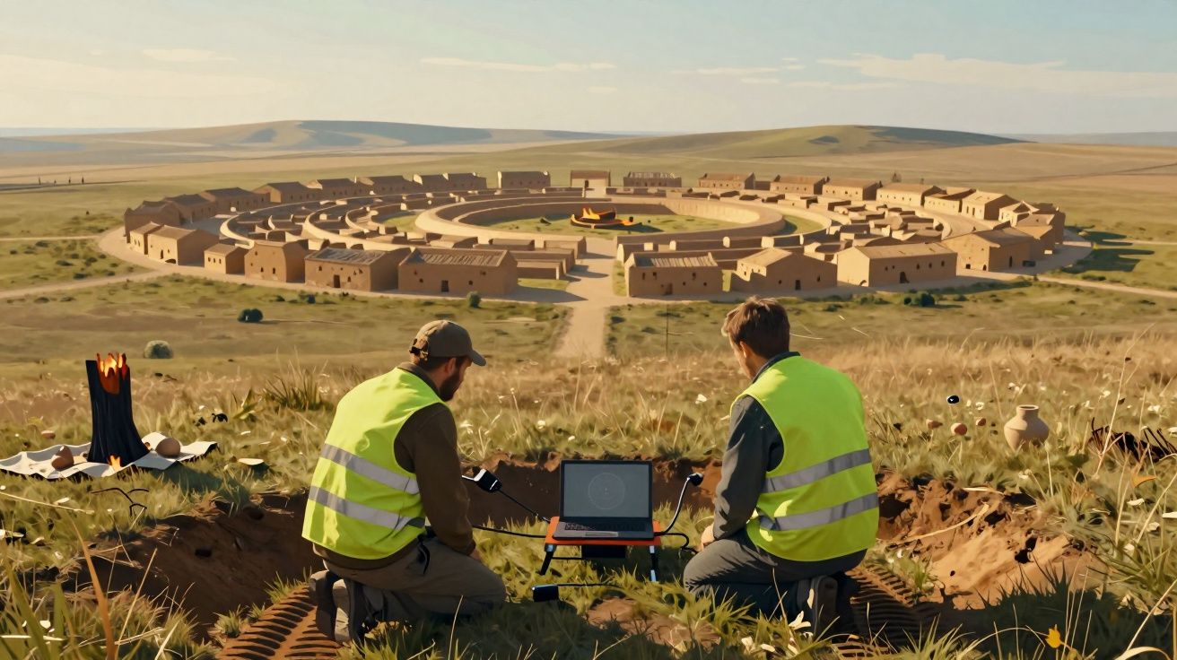 Dois arqueólogos com coletes refletores escavam e estudam ruínas circulares antigas em campo aberto.
