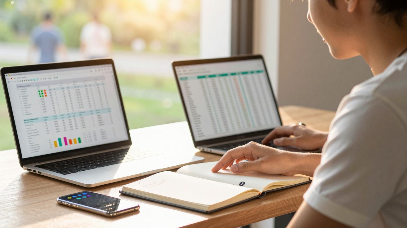 Pessoa a trabalhar com dois portáteis, livros e smartphone numa secretária junto a uma janela com vista exterior.