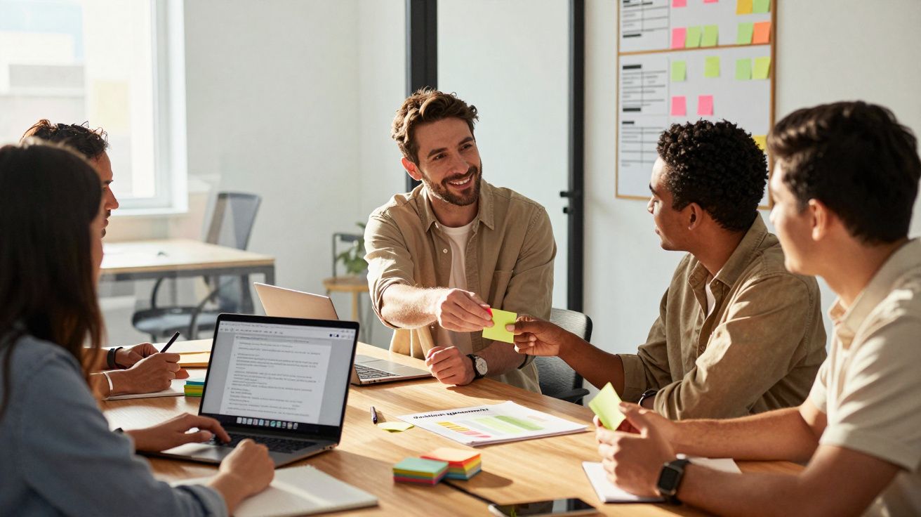 Cinco pessoas em reunião de trabalho com computador portátil e notas adesivas num escritório iluminado.