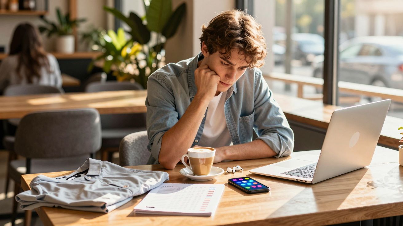 Jovem sentado numa mesa de café, a concentrar-se num documento, com laptop, telemóvel e café ao lado.