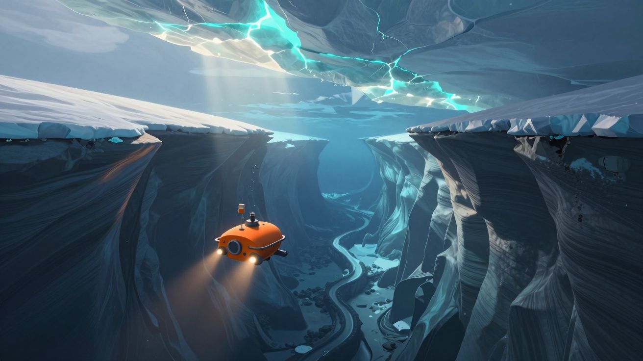 Submarino laranja explora fenda profunda sob gelo com luzes iluminando cavernas azul-turquesa.