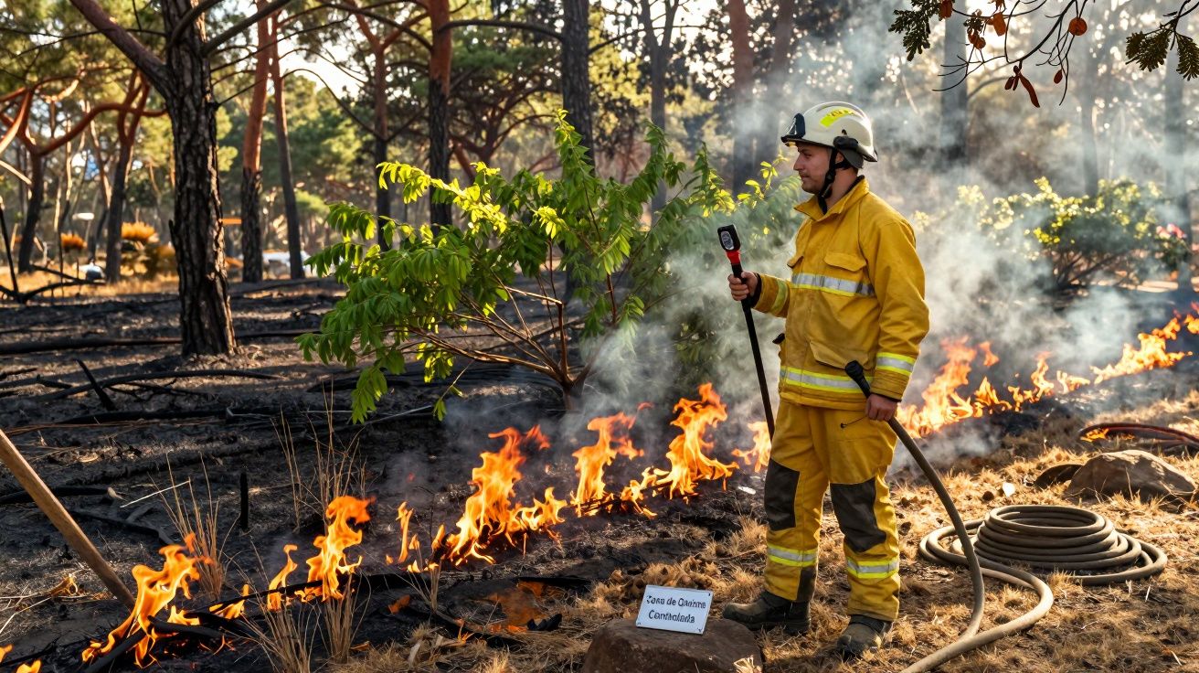 Bombeiro de uniforme amarelo combate fogo controlado numa área arborizada com árvores e fumo.