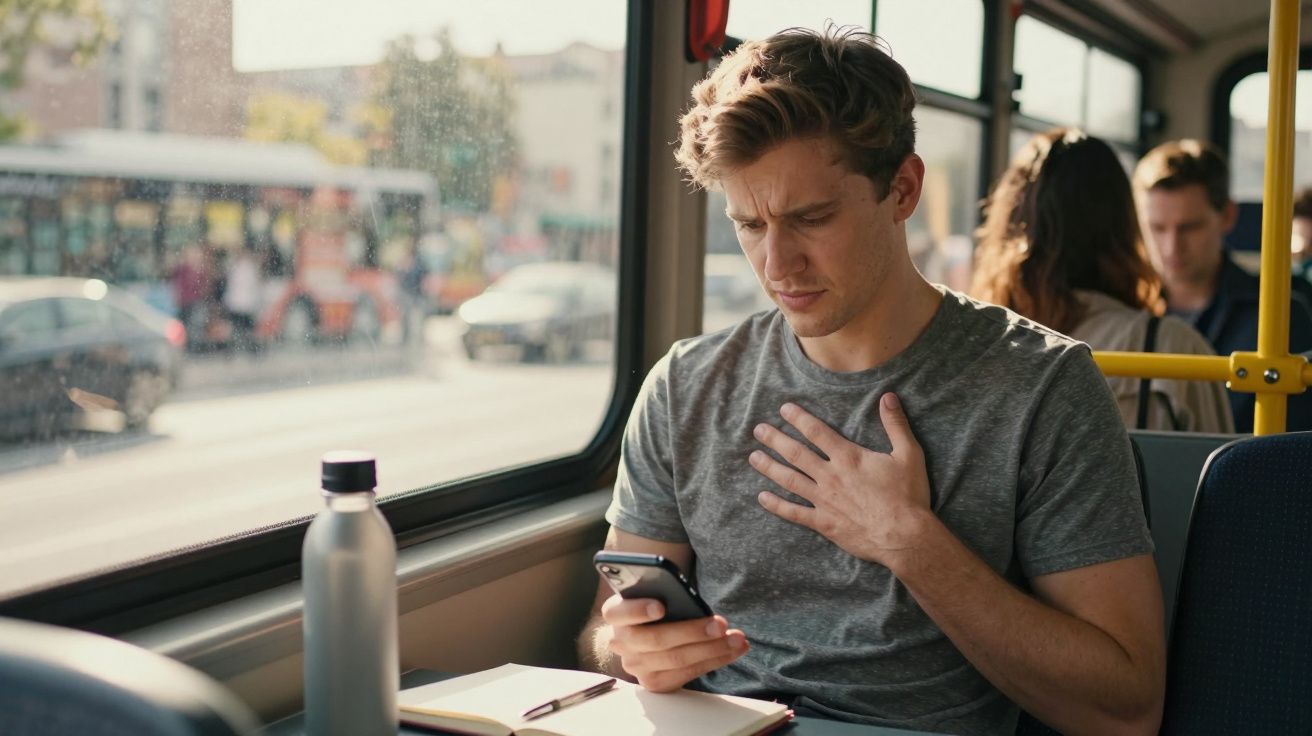 Homem jovem sentado num autocarro, com expressão de desconforto e a tocar o peito enquanto olha para o telemóvel.