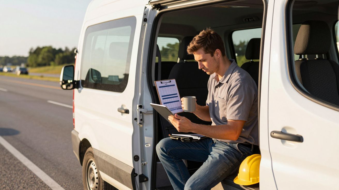 Homem sentado na carrinha aberta junto à estrada, a ler documentos e a beber café.