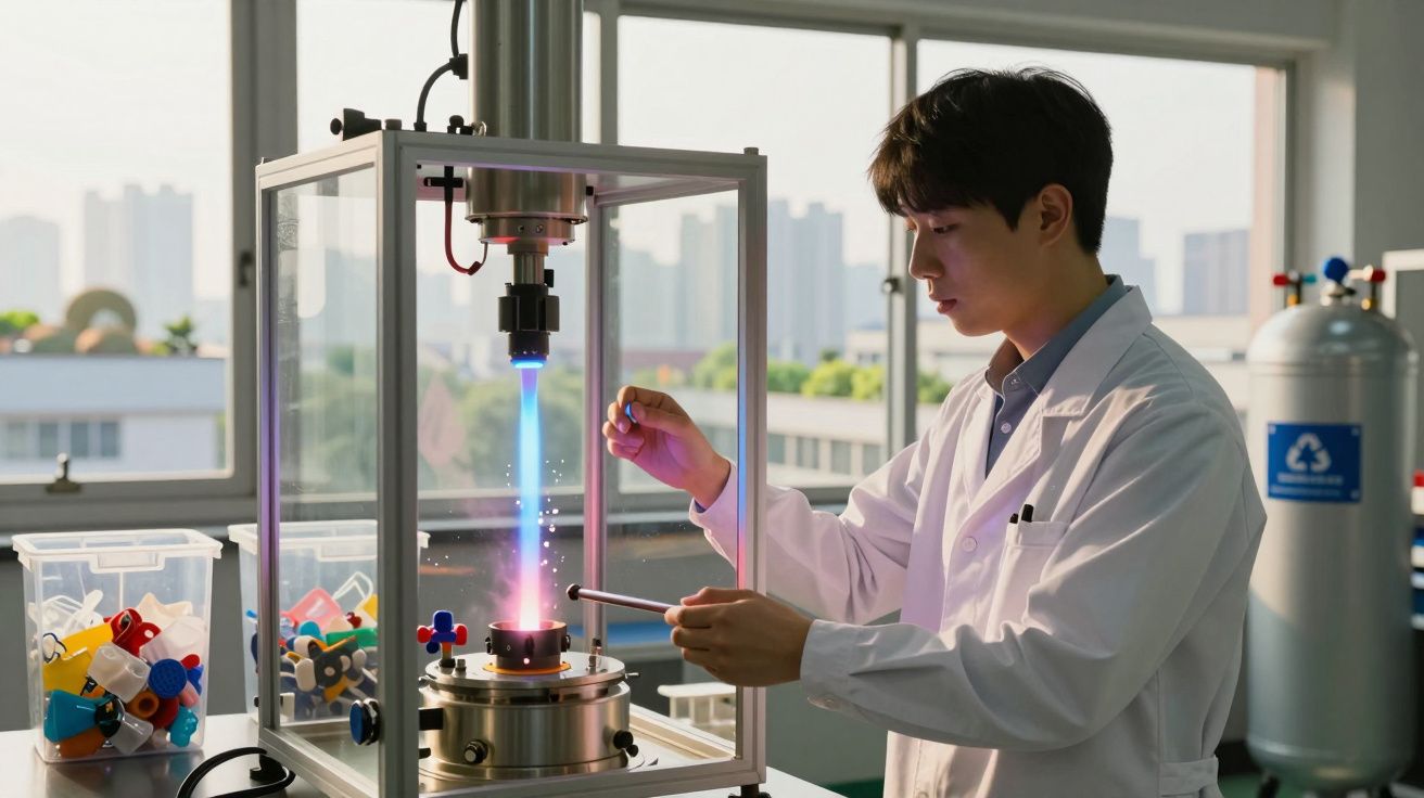 Cientista em bata branca a manusear equipamento com chama azul num laboratório com janelas grandes.