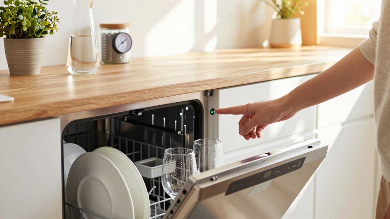 Mão a pressionar botão de máquina de lavar loiça aberta com pratos e copos no interior numa cozinha iluminada.