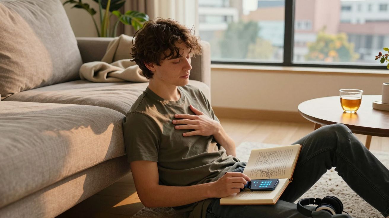 Jovem sentado no chão junto ao sofá, a ler um livro e usar uma calculadora, com chá numa mesa ao lado.
