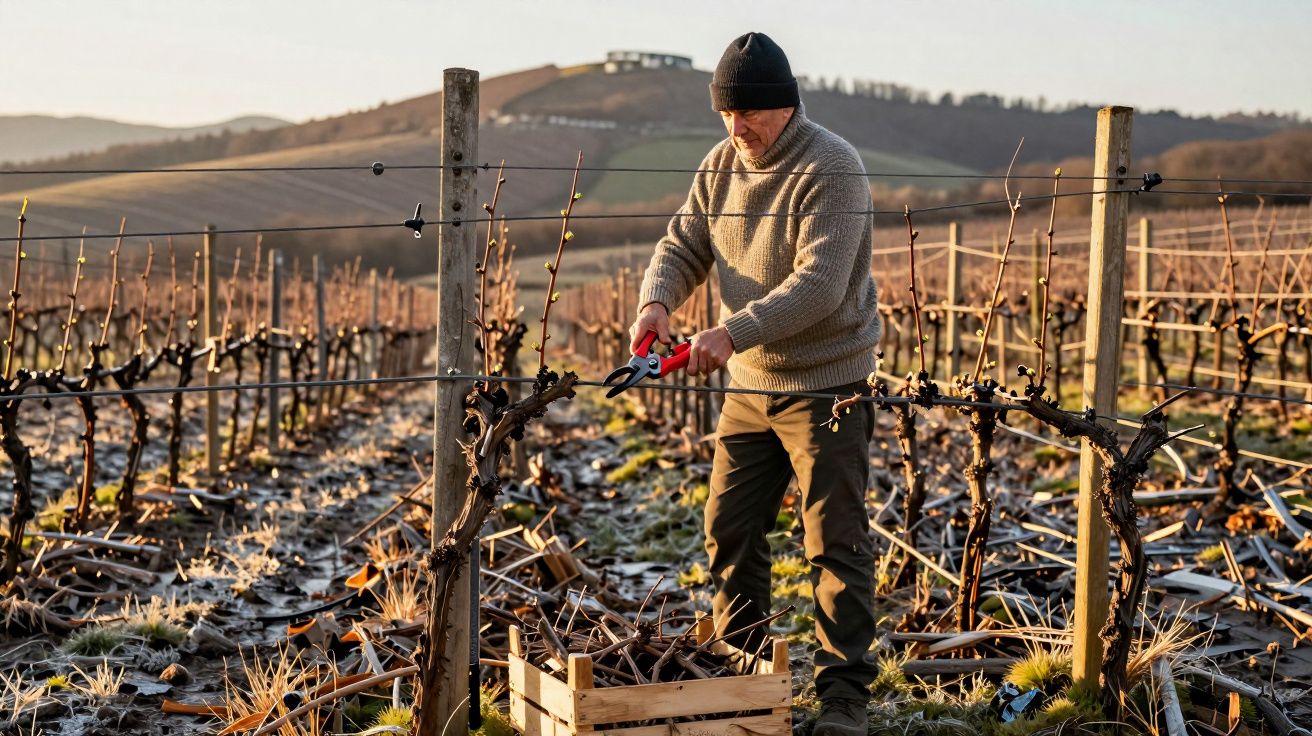 Homem a podar videiras num campo ao amanhecer com monte ao fundo e caixa de madeira no chão.