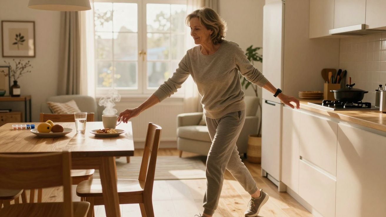 Mulher sorridente a servir chá quente numa cozinha iluminada pelo sol pela manhã.