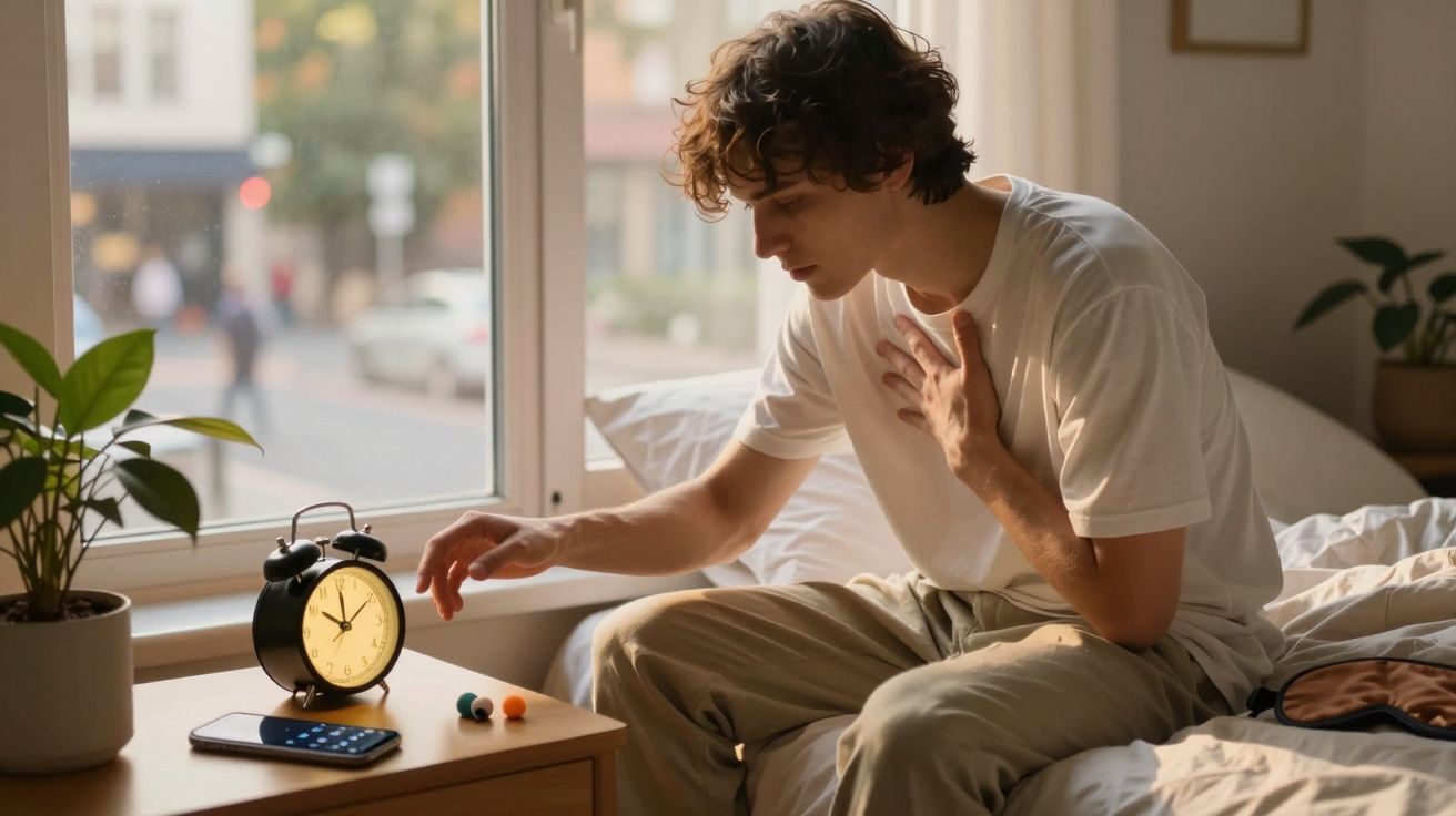 Jovem sentado na cama a tocar no peito e olhar para um despertador numa mesa junto à janela.