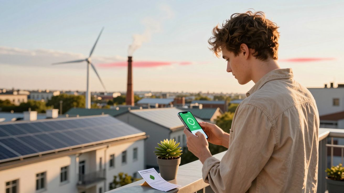 Jovem a usar smartphone para monitorizar energia renovável numa varanda com painéis solares e turbina eólica ao fundo.