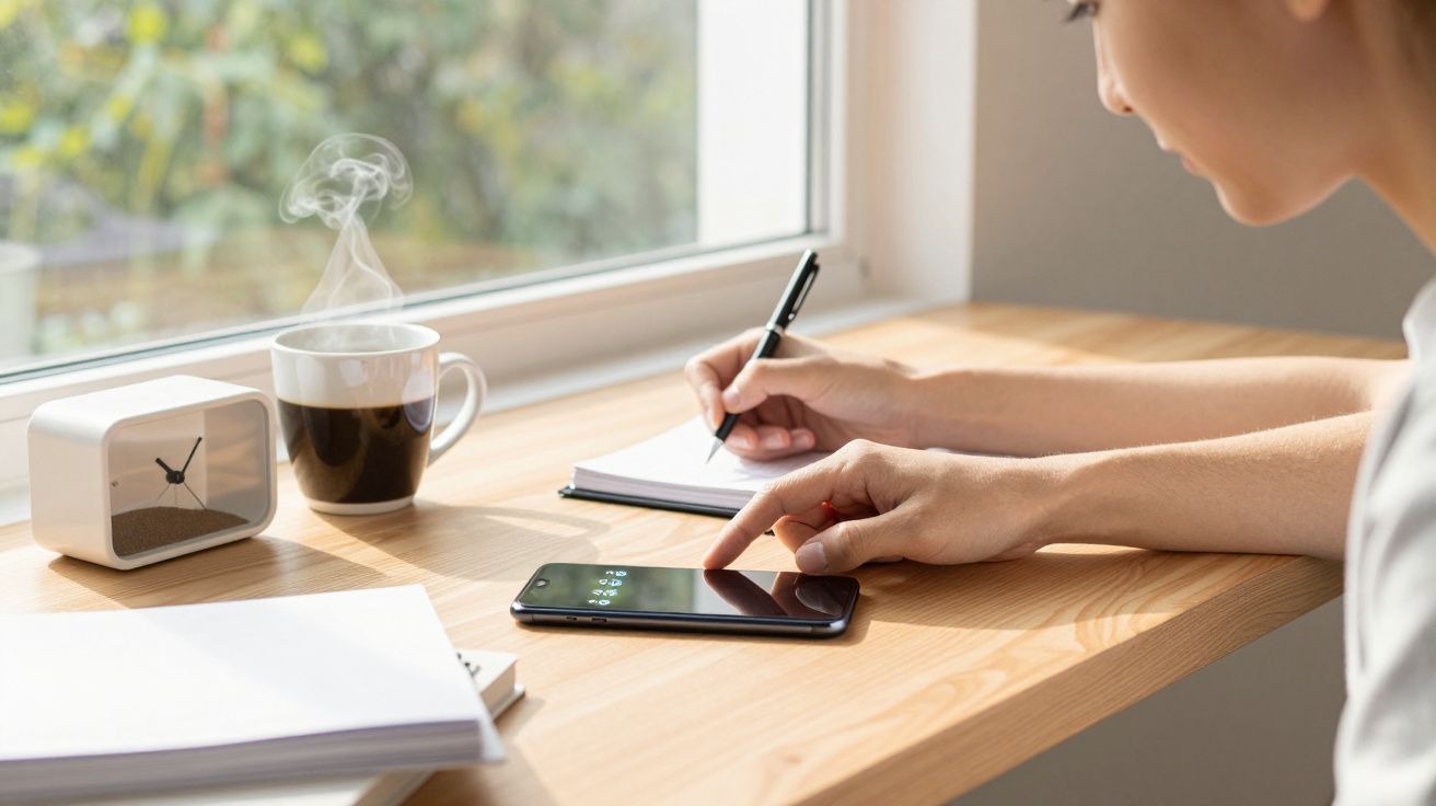 Pessoa a escrever num caderno e a usar telemóvel numa secretária com chá quente e relógio.
