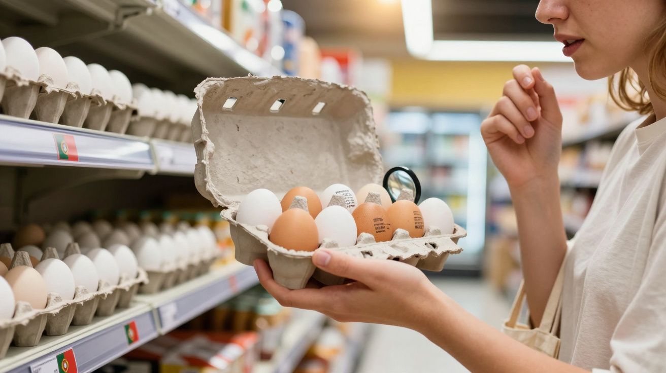 Pessoa a segurar caixa aberta com ovos brancos e castanhos num supermercado, a analisar os produtos na prateleira.