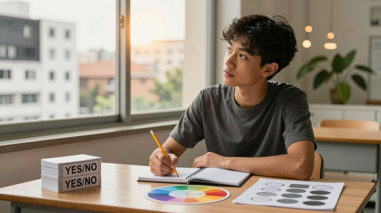 Jovem sentado à mesa a desenhar usando lápis, com roda de cores e cartas "YES/NO" à sua frente.