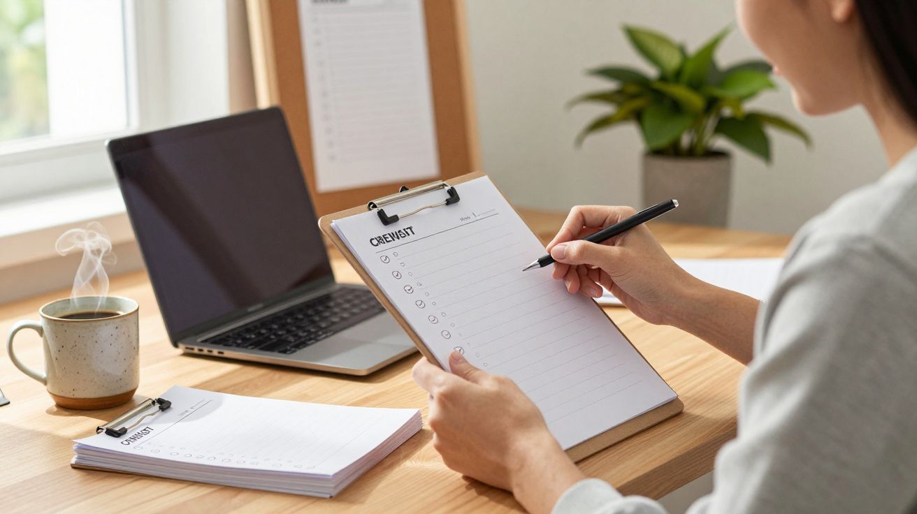 Pessoa a preencher lista de verificação num clipboard junto a portátil e chá quente numa secretária de madeira.