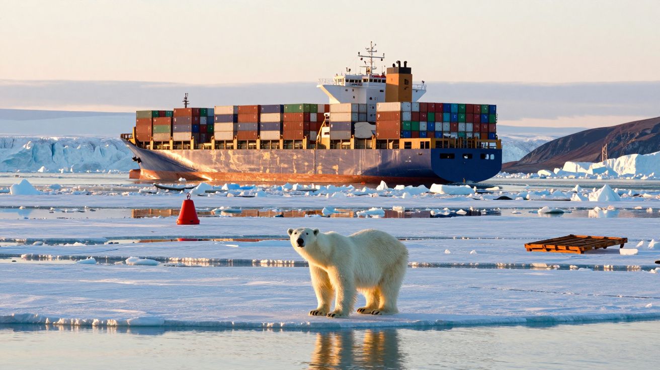 Urso polar sobre gelo no mar Ártico próximo a um navio porta-contentores com contêineres coloridos.