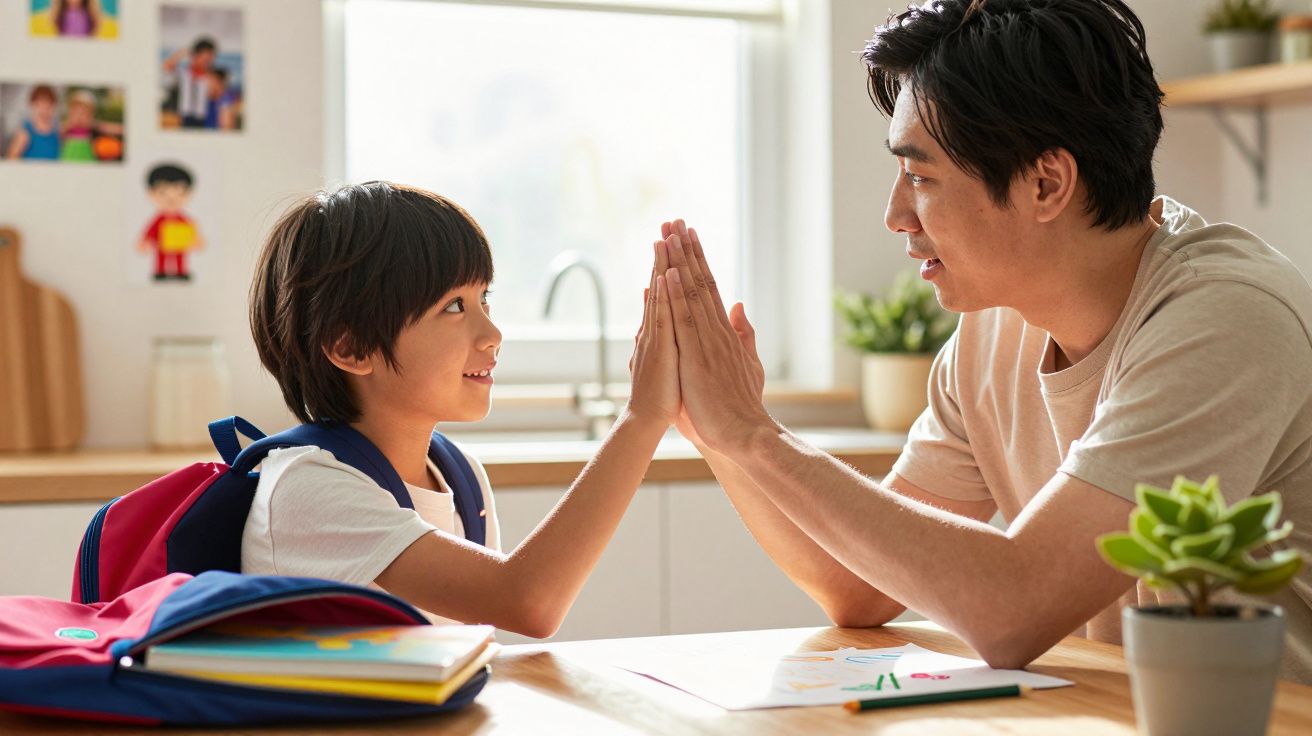 Pai e filho asiáticos dão "high five" nas mãos à volta de mesa com mochila e livros.